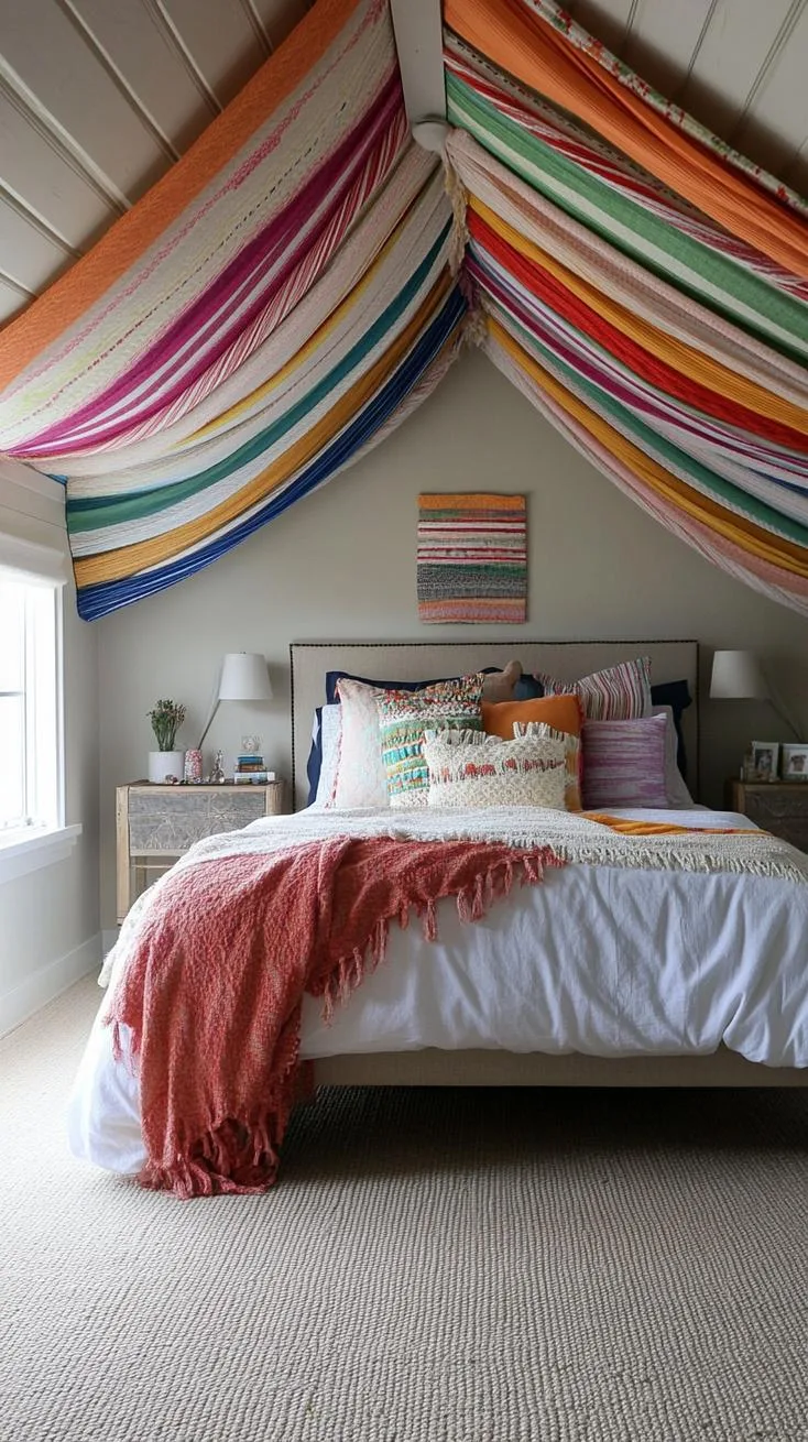 21 Colorful Boho Bedroom Ideas for a Whimsical Hippie Vibe 53 19. Upcycled Color Craze: Utilize repurposed materials with splashes of color for a vibrant eco-friendly vibe-0
