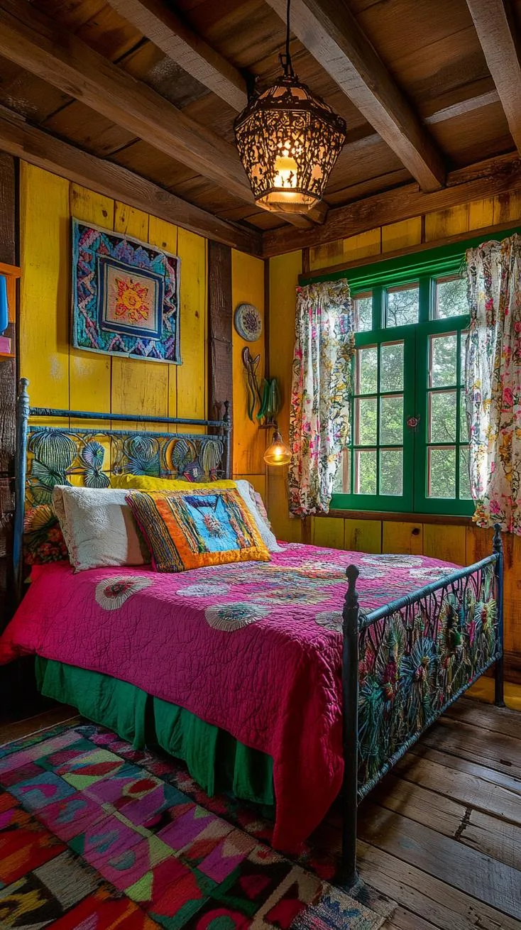 21 Colorful Boho Bedroom Ideas for a Whimsical Hippie Vibe 54 19. Upcycled Color Craze: Utilize repurposed materials with splashes of color for a vibrant eco-friendly vibe-1