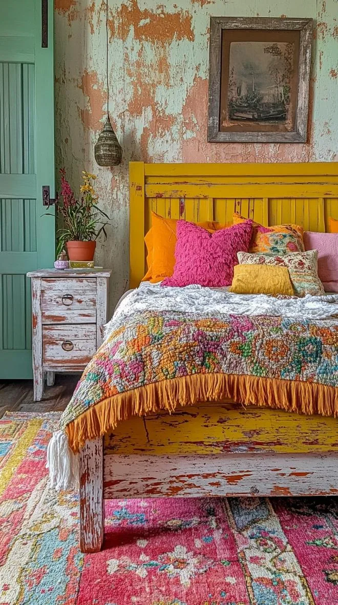 21 Colorful Boho Bedroom Ideas for a Whimsical Hippie Vibe 55 19. Upcycled Color Craze: Utilize repurposed materials with splashes of color for a vibrant eco-friendly vibe-2