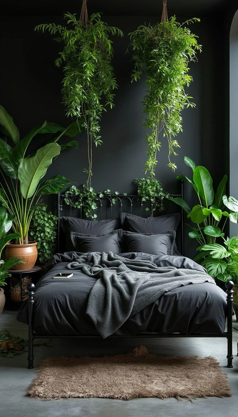 1. Urban Jungle Retreat: Combine lush green plants with black metal bed frames for an industrial-chic vibe-0