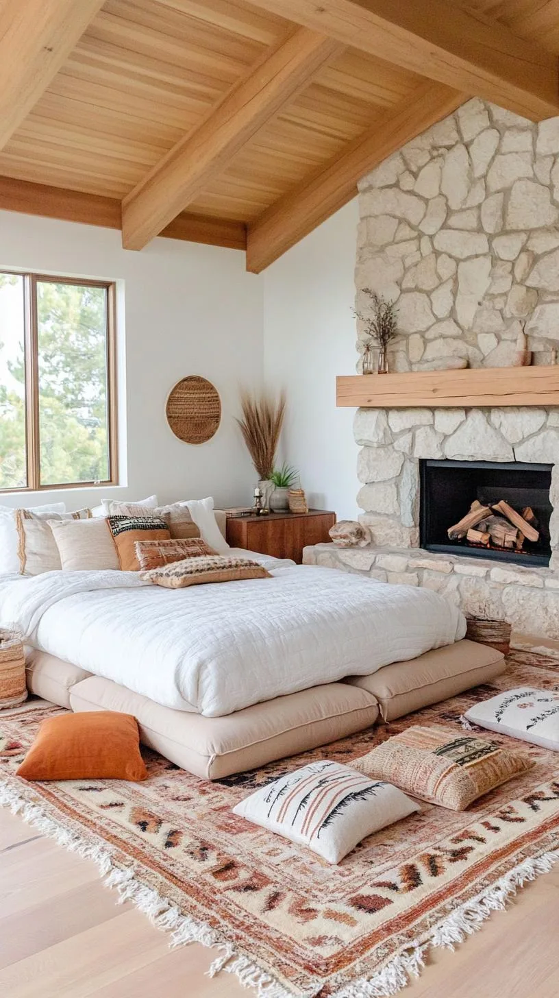 11. Use floor pillows in muted earth tones to create a casual chill-out zone next to a fireplace adorned with desert stone-0