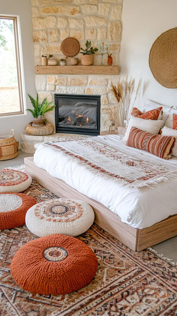 11. Use floor pillows in muted earth tones to create a casual chill-out zone next to a fireplace adorned with desert stone-1