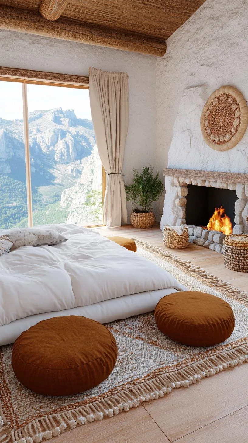 11. Use floor pillows in muted earth tones to create a casual chill-out zone next to a fireplace adorned with desert stone-2