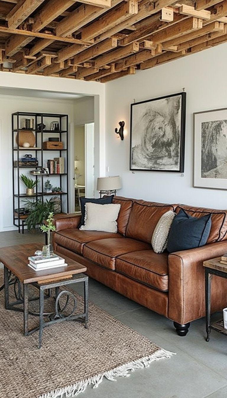 8. Utilize a distressed leather sofa paired with metal and wood side tables, and a pallet ceiling installation for a cohesive look-0