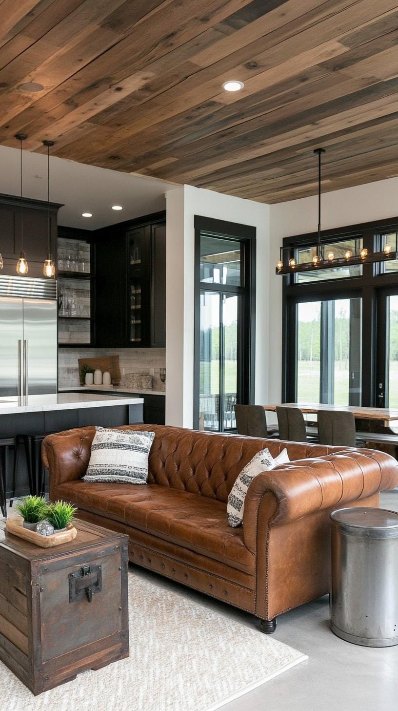 8. Utilize a distressed leather sofa paired with metal and wood side tables, and a pallet ceiling installation for a cohesive look-2