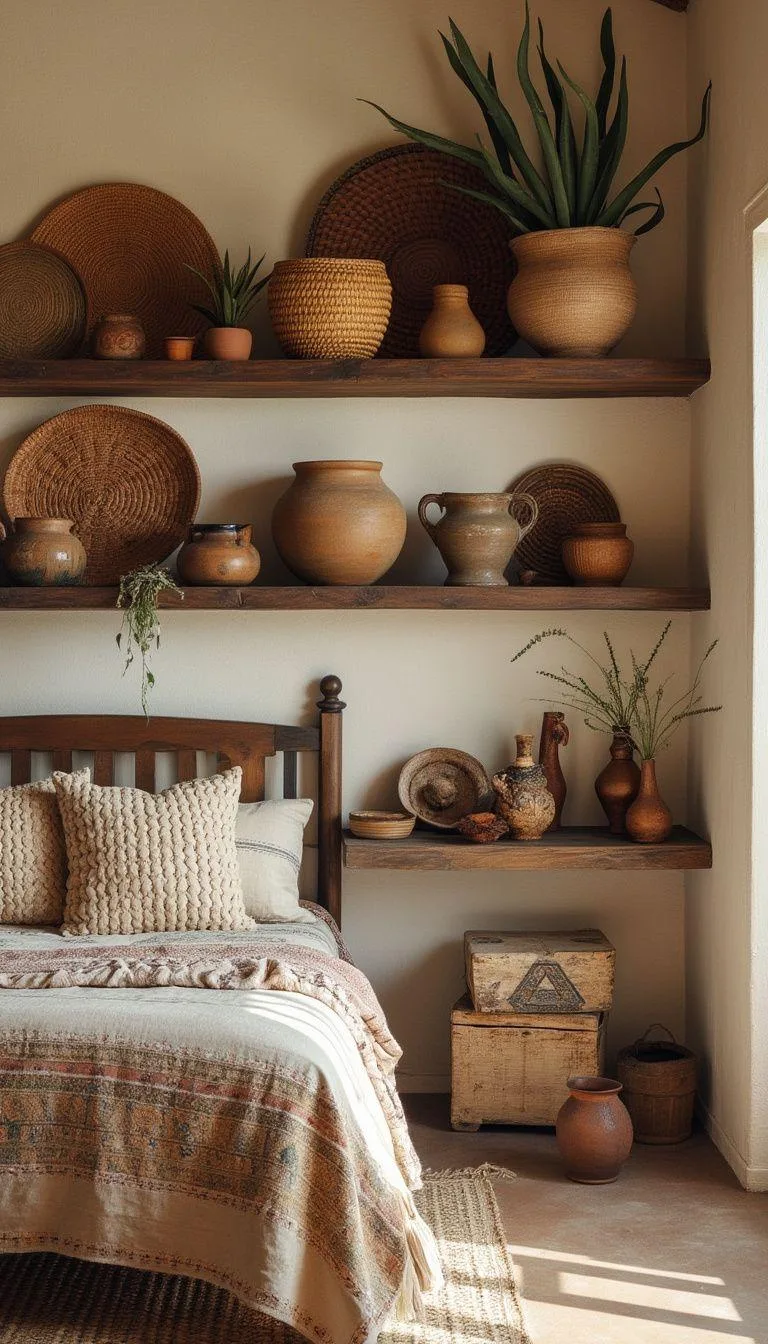 8. Utilize a mix of woven baskets and hand-painted pottery displayed on open wooden shelving for added texture-0