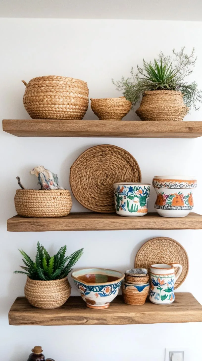8. Utilize a mix of woven baskets and hand-painted pottery displayed on open wooden shelving for added texture-1