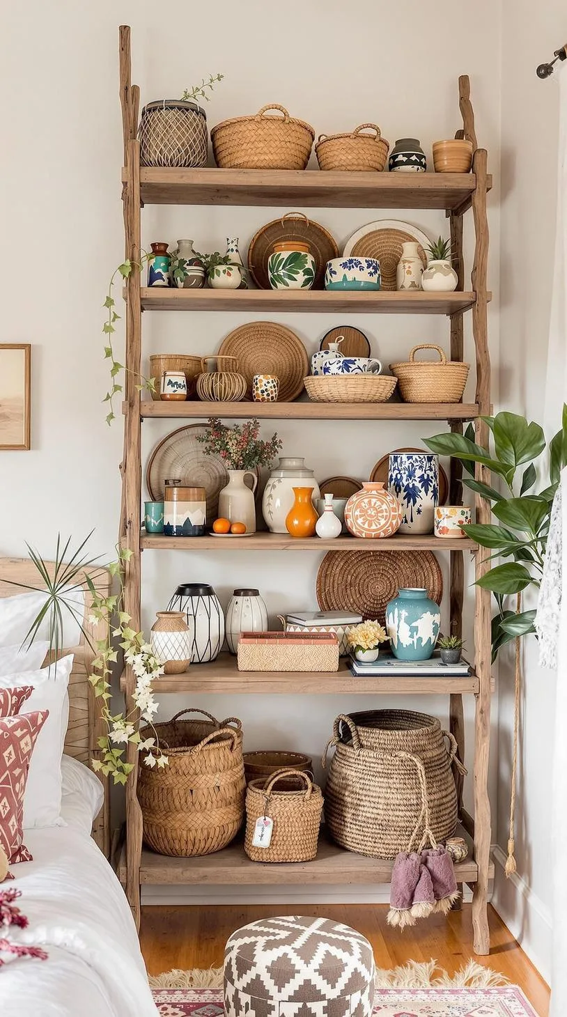 8. Utilize a mix of woven baskets and hand-painted pottery displayed on open wooden shelving for added texture-2