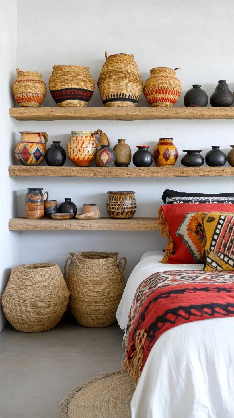 8. Utilize a mix of woven baskets and hand-painted pottery displayed on open wooden shelving for added texture-3