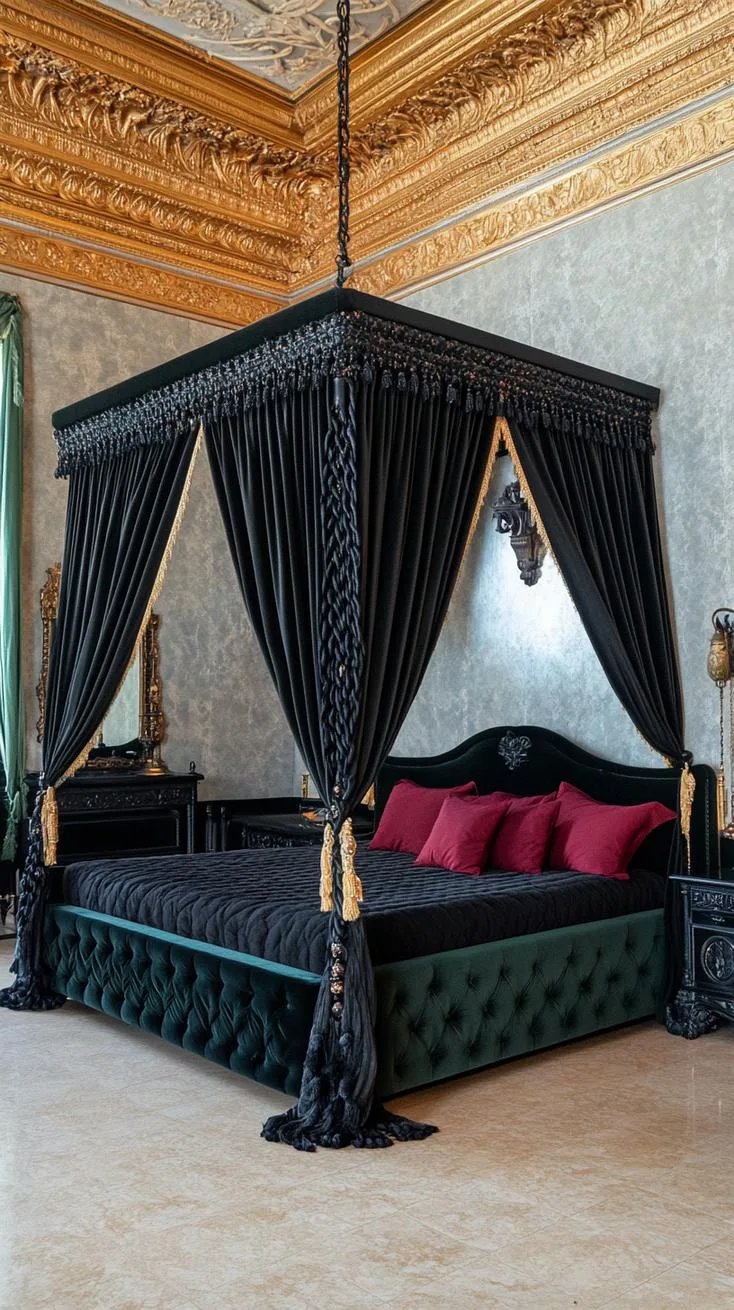 1. Velvet canopy bed adorned with macramé drapes and surrounded by antiqued mirrors with patina-0