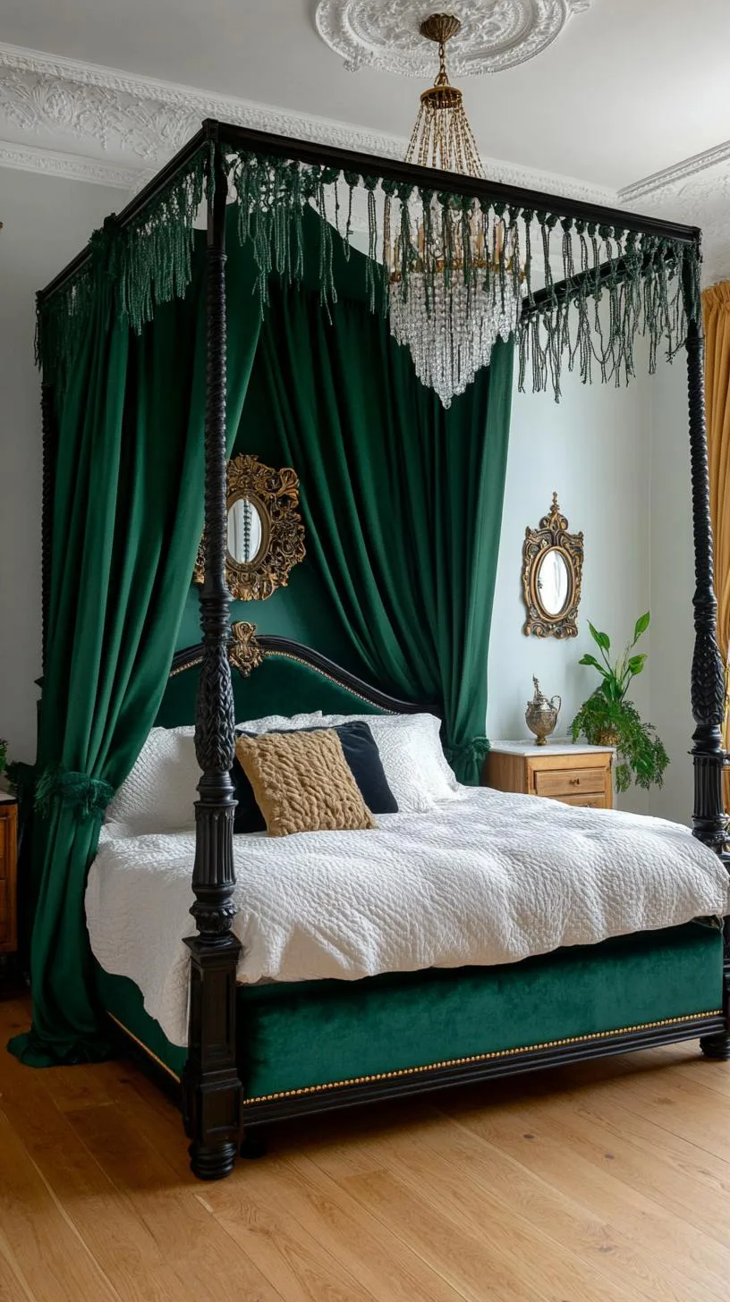 1. Velvet canopy bed adorned with macramé drapes and surrounded by antiqued mirrors with patina-1