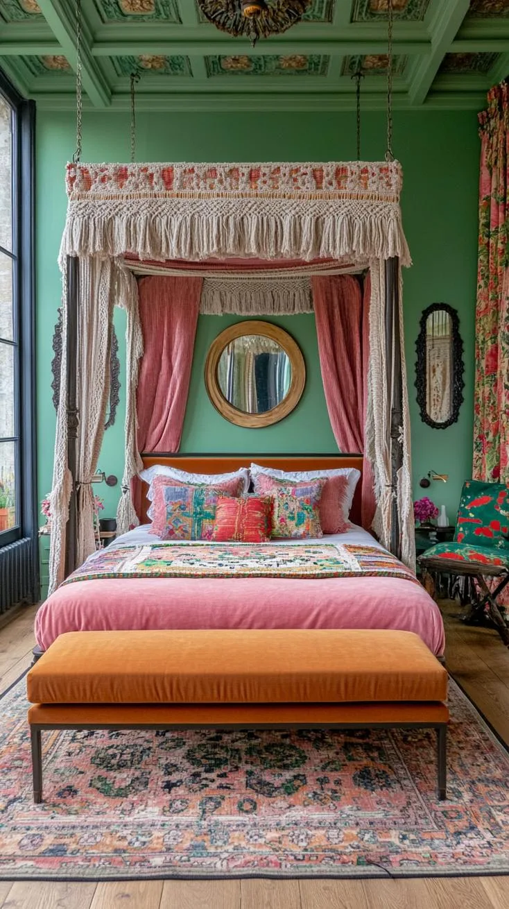 1. Velvet canopy bed adorned with macramé drapes and surrounded by antiqued mirrors with patina-2