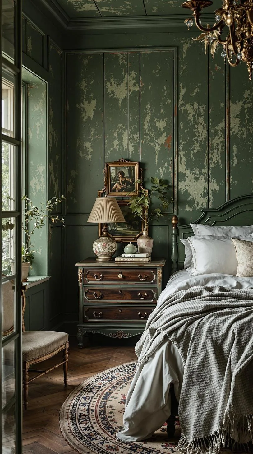 2. Vintage Forest: Incorporate distressed wood paneling with sage green hues and antique furnishings-1