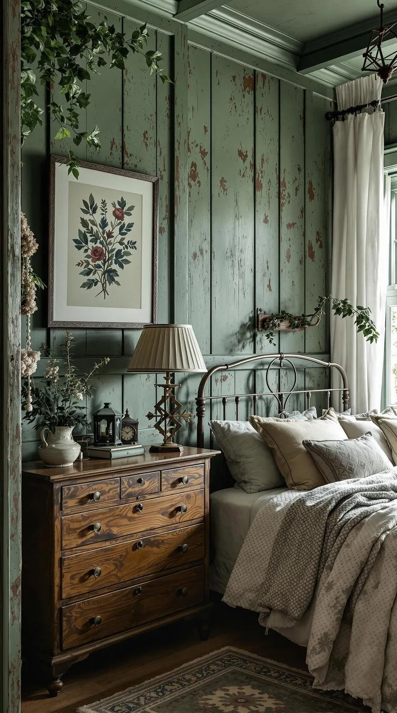 2. Vintage Forest: Incorporate distressed wood paneling with sage green hues and antique furnishings-3