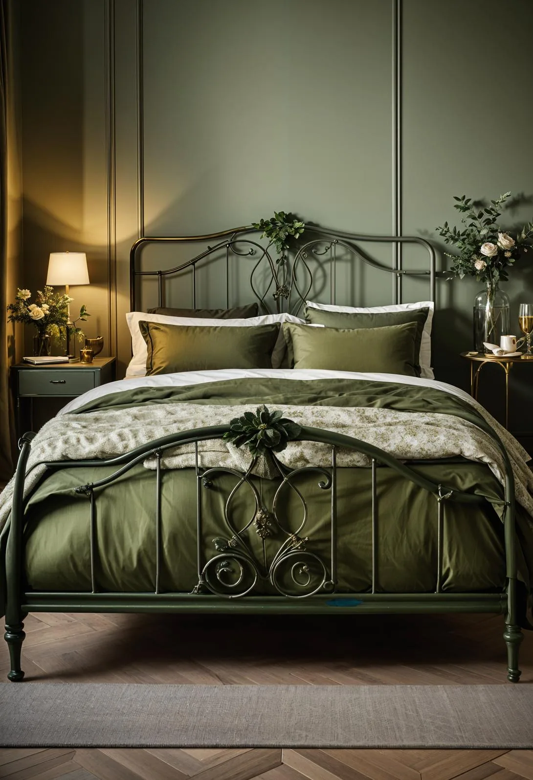 23 Stunning Olive Green Bedroom Ideas You'll Absolutely Love 188 21. Vintage French Olive Green Bedroom with Elegant Iron Bedframes and Floral Patterns-1