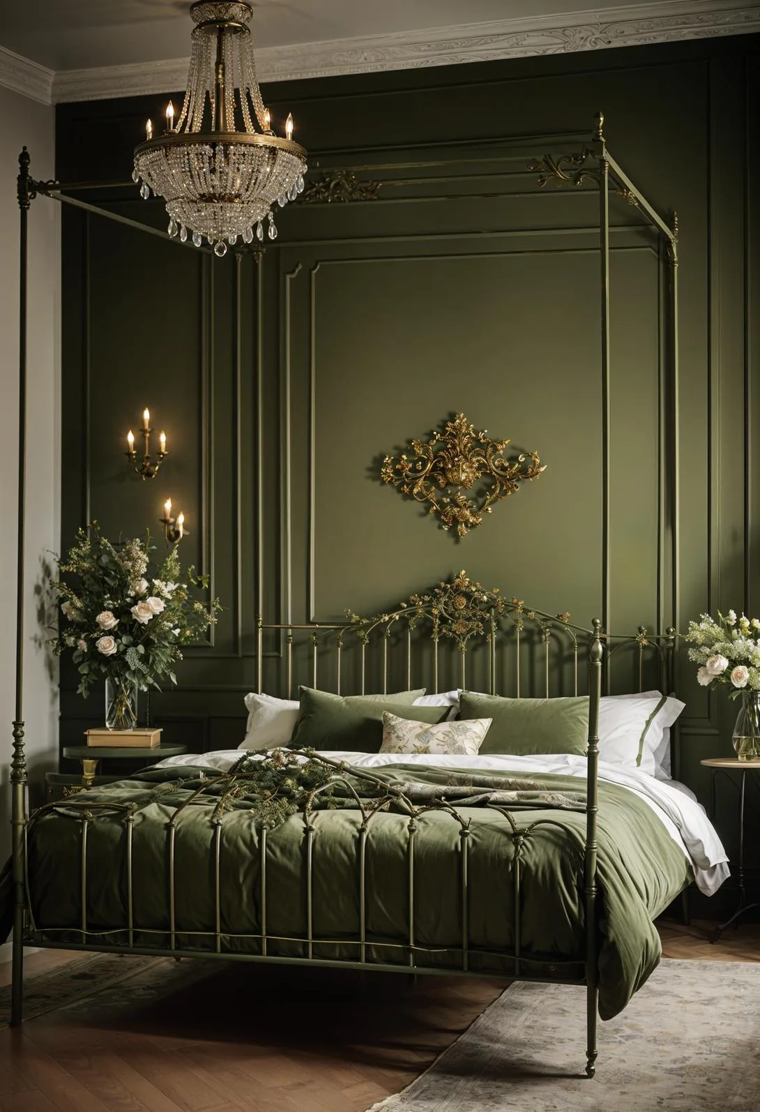 23 Stunning Olive Green Bedroom Ideas You'll Absolutely Love 189 21. Vintage French Olive Green Bedroom with Elegant Iron Bedframes and Floral Patterns-2