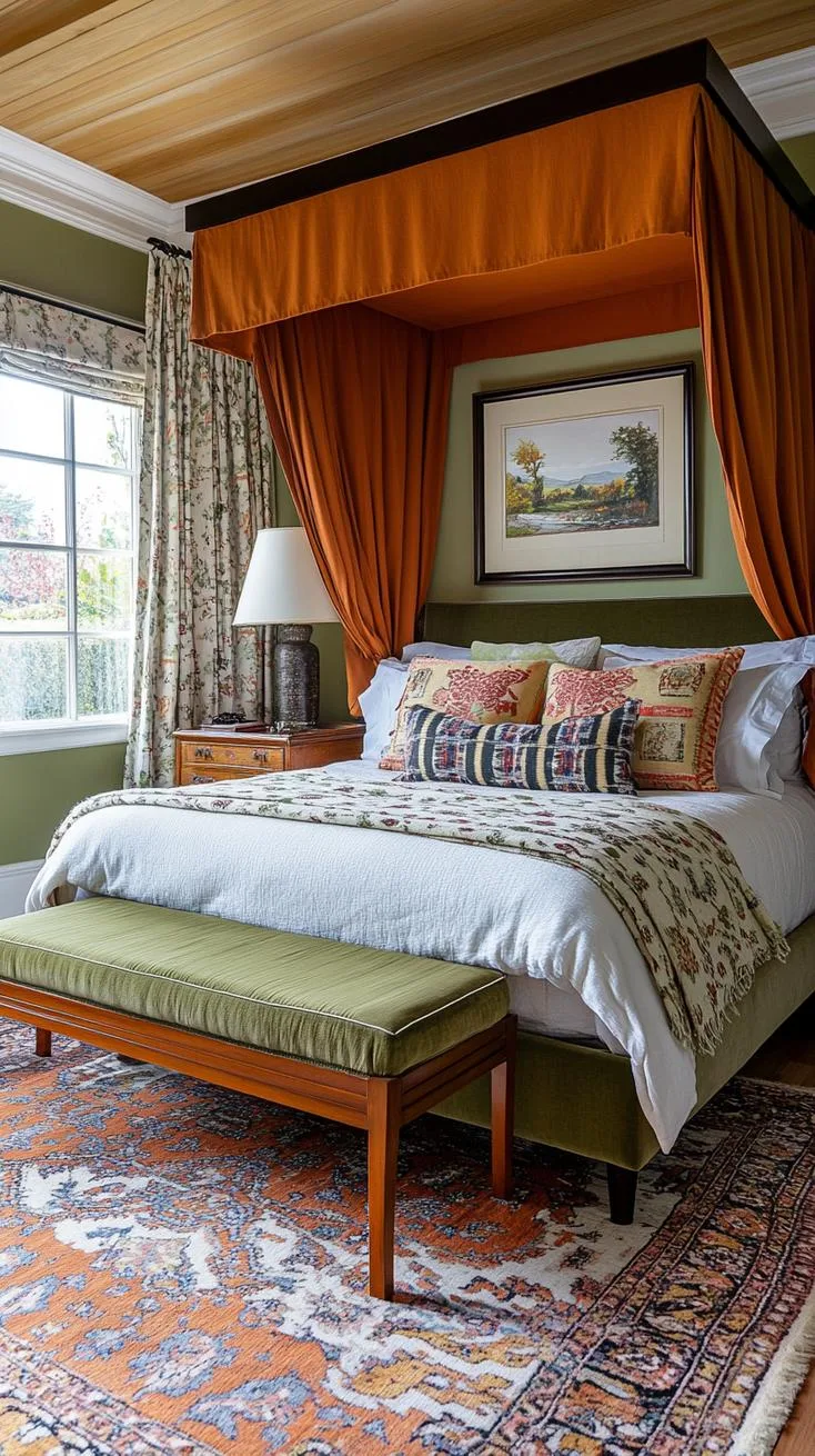 23 Stunning Olive Green Bedroom Ideas You'll Absolutely Love 106 12. Vintage Olive Green Bedroom with Antique Furniture and Retro Patterns-2