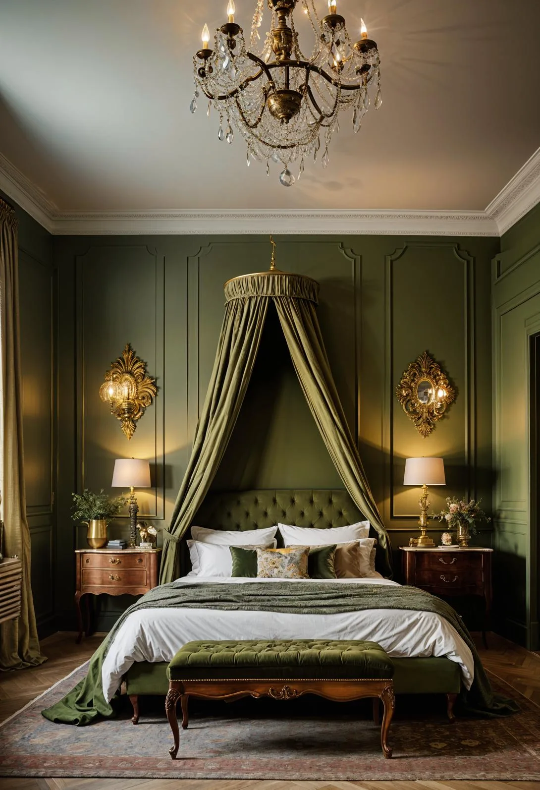 23 Stunning Olive Green Bedroom Ideas You'll Absolutely Love 111 12. Vintage Olive Green Bedroom with Antique Furniture and Retro Patterns-3