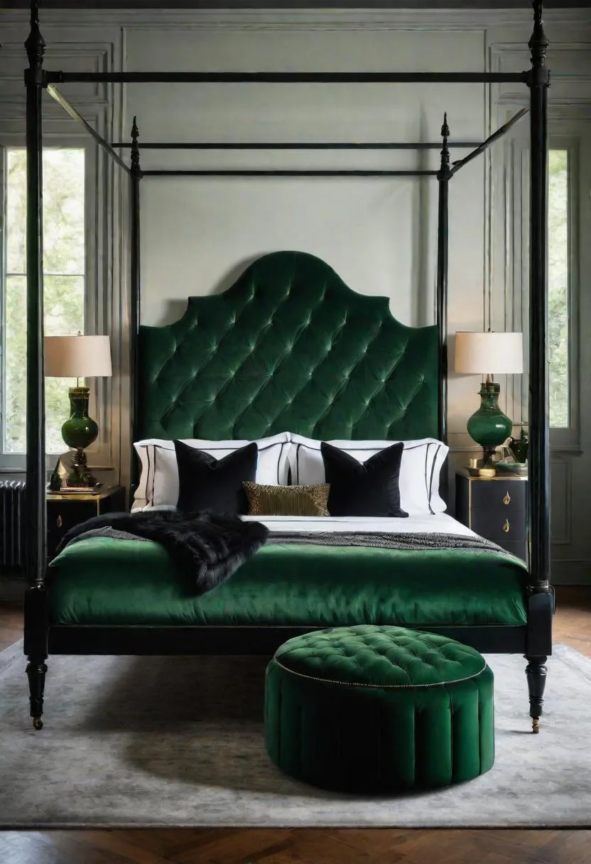 9. Vintage Velvet: Combine a hunter green velvet armchair with a black iron four-poster bed-0