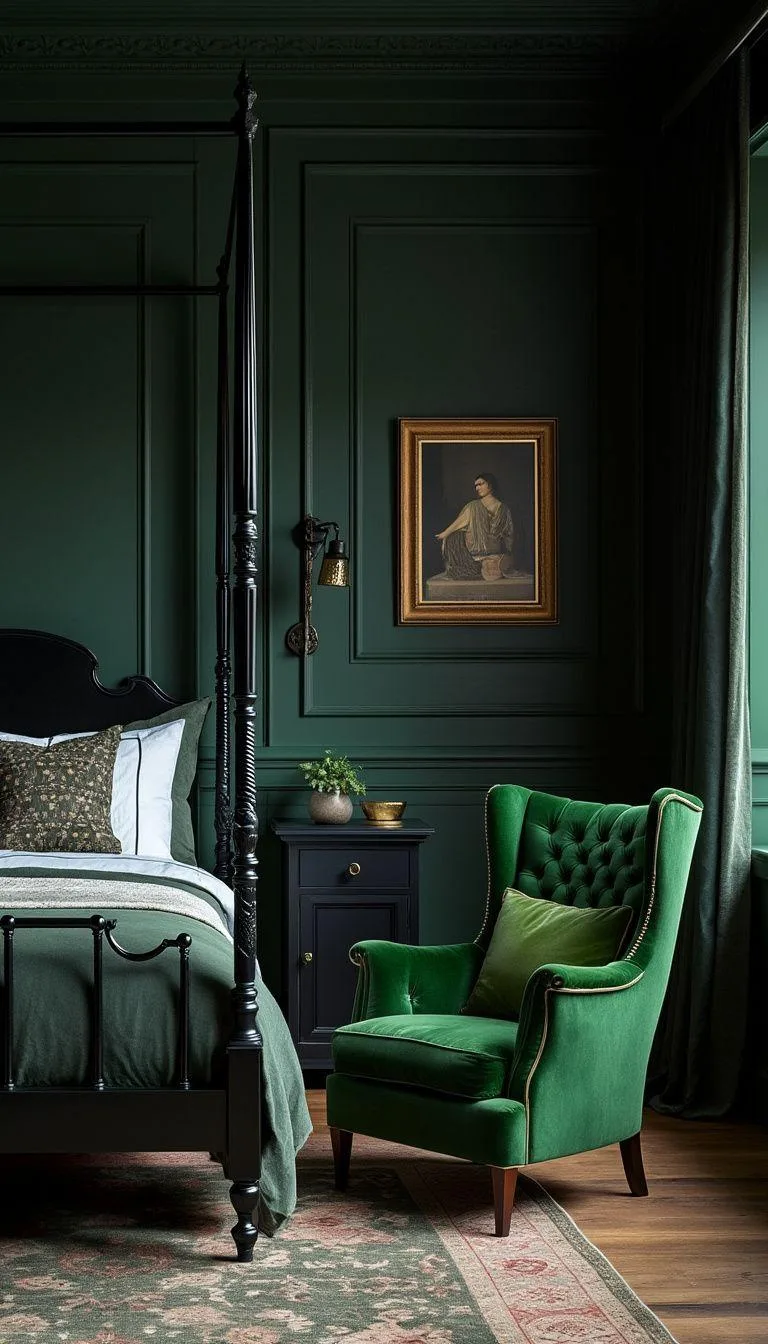 9. Vintage Velvet: Combine a hunter green velvet armchair with a black iron four-poster bed-1