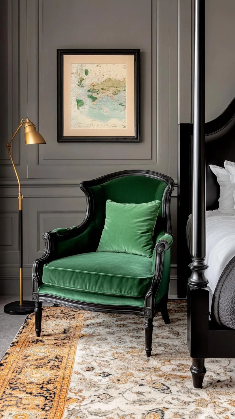 9. Vintage Velvet: Combine a hunter green velvet armchair with a black iron four-poster bed-2