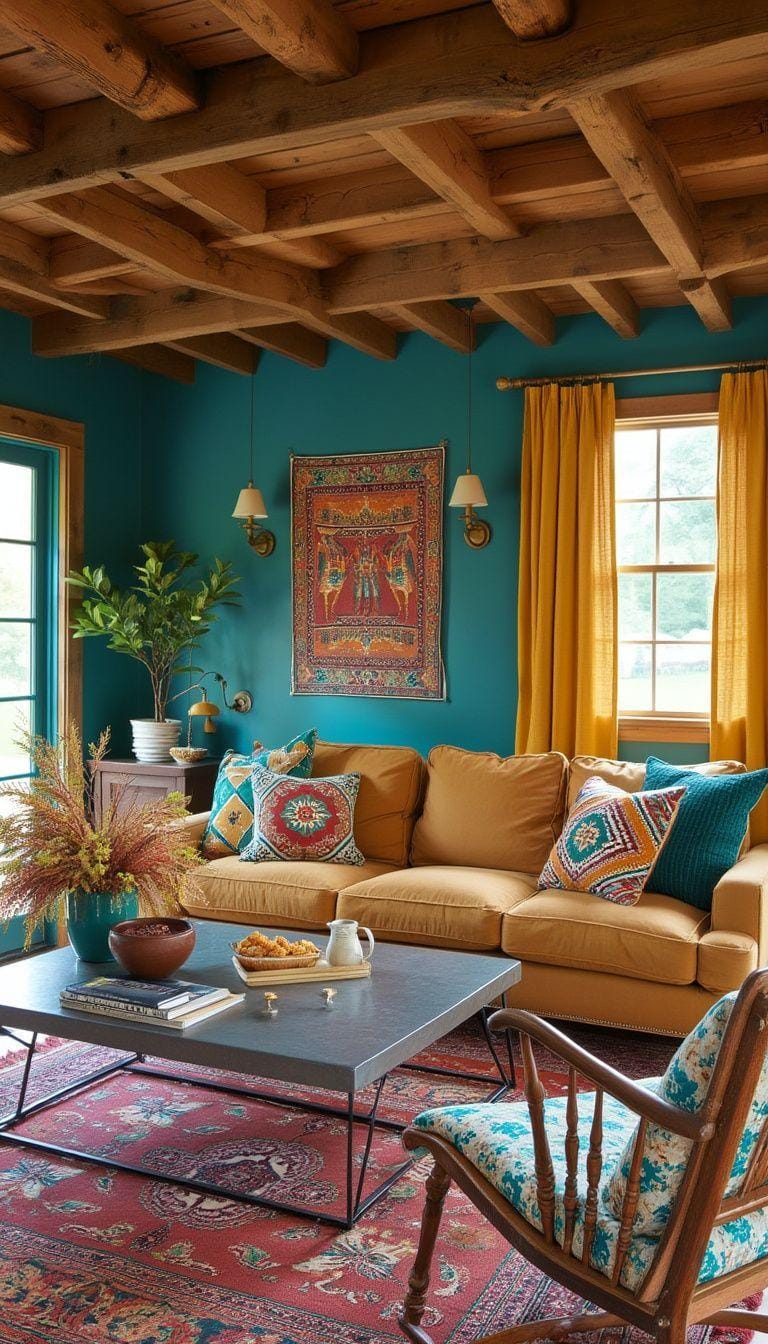 5. Vintage Vibrance: Blend retro boho prints with rustic farmhouse wooden beams, creating a lively atmosphere with pops of teal and mustard decor-0