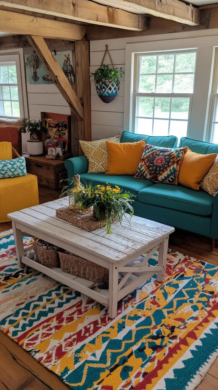 23 Unique Boho Farmhouse Living Room Ideas To Copy 15 5. Vintage Vibrance: Blend retro boho prints with rustic farmhouse wooden beams, creating a lively atmosphere with pops of teal and mustard decor-1