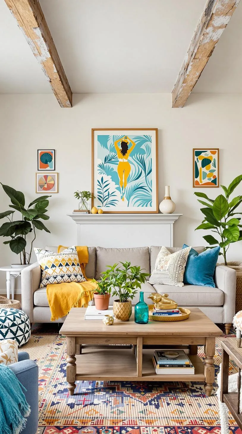 23 Unique Boho Farmhouse Living Room Ideas To Copy 16 5. Vintage Vibrance: Blend retro boho prints with rustic farmhouse wooden beams, creating a lively atmosphere with pops of teal and mustard decor-2