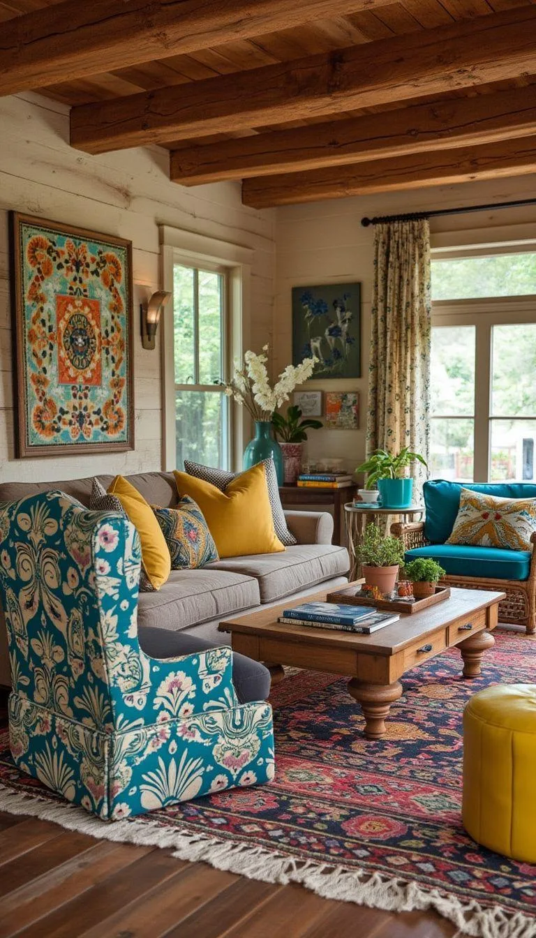 23 Unique Boho Farmhouse Living Room Ideas To Copy 17 5. Vintage Vibrance: Blend retro boho prints with rustic farmhouse wooden beams, creating a lively atmosphere with pops of teal and mustard decor-3