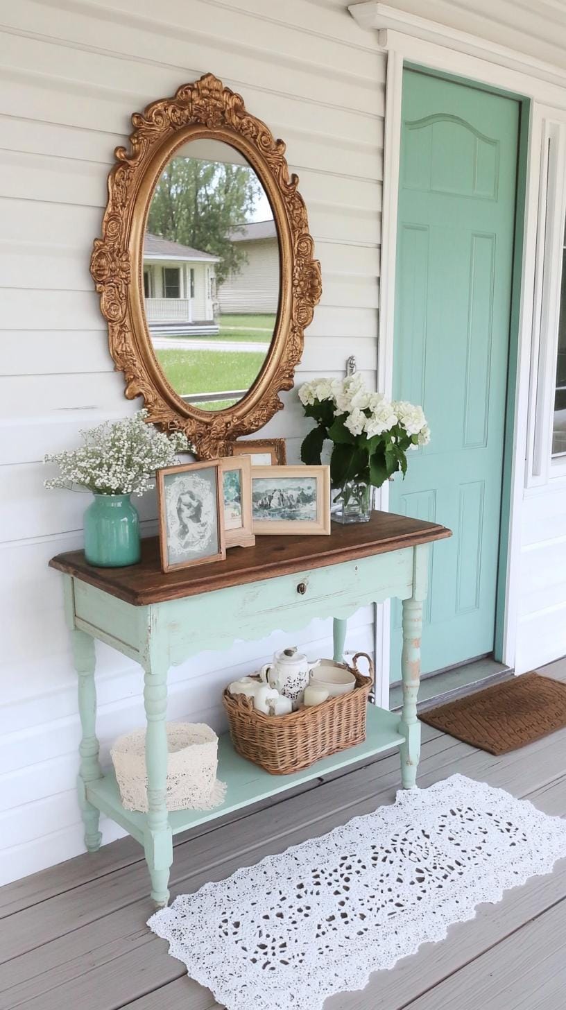 24. Vintage allure: A patinated mirror, lace trimmings, and a collection of old postcards create nostalgic whispers-0