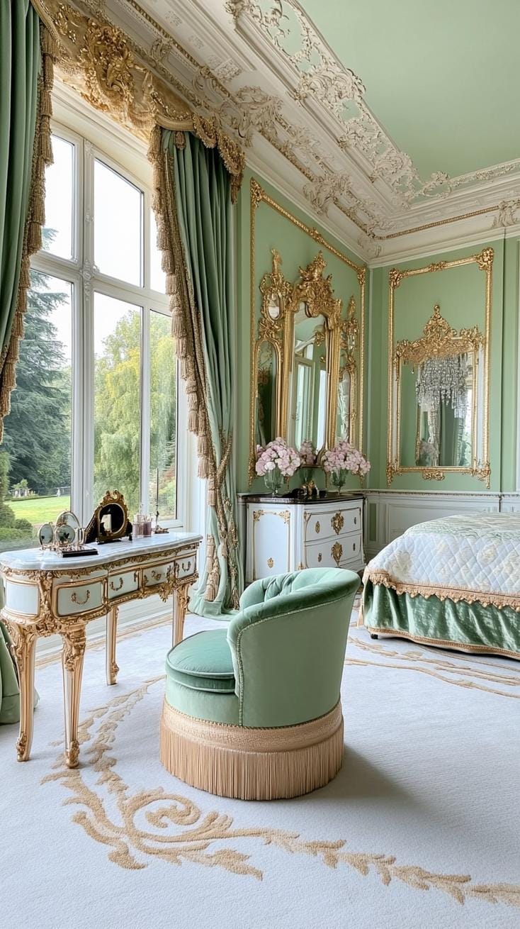 2. Vintage glam bedroom with sage green walls and gold-trimmed furniture-2