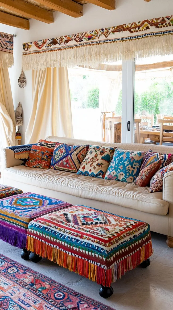 23 Unique Boho Farmhouse Living Room Ideas To Copy 33 11. Wanderlust Nest: Mix global-chic fabrics with soft leathers and tassels, adding airy drapes and scatter cushion patterns inspired by travels-0