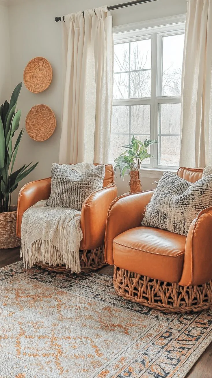 23 Unique Boho Farmhouse Living Room Ideas To Copy 34 11. Wanderlust Nest: Mix global-chic fabrics with soft leathers and tassels, adding airy drapes and scatter cushion patterns inspired by travels-1