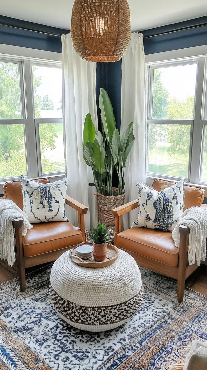 23 Unique Boho Farmhouse Living Room Ideas To Copy 35 11. Wanderlust Nest: Mix global-chic fabrics with soft leathers and tassels, adding airy drapes and scatter cushion patterns inspired by travels-2