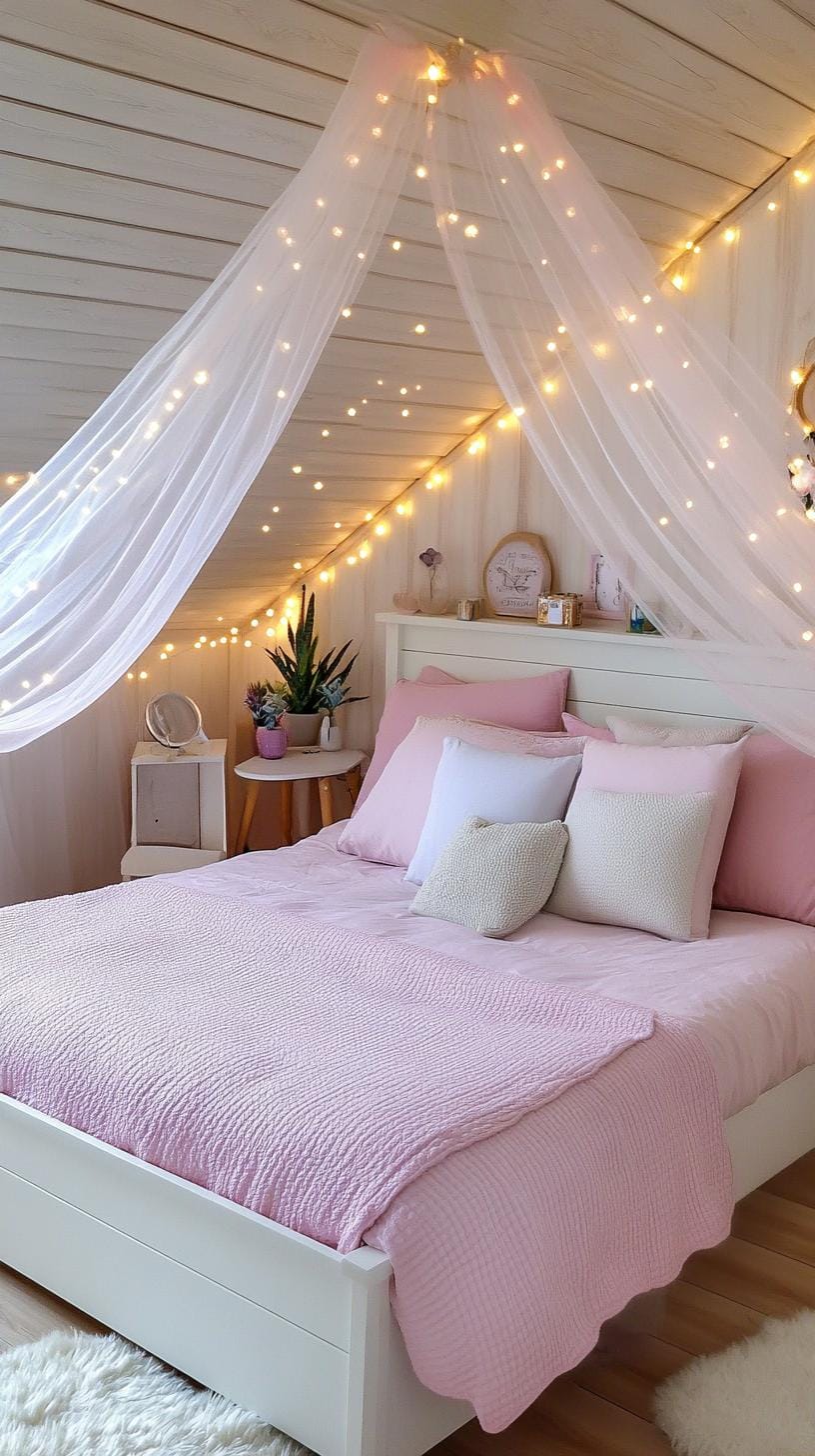 10. Whimsical Fairy Tale Bedroom using sheer canopy nets and pastel fairy lights-0