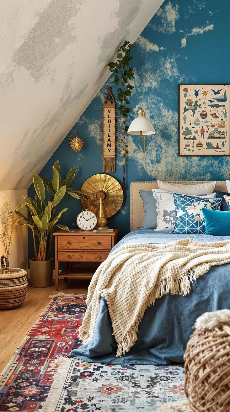 21 Colorful Boho Bedroom Ideas for a Whimsical Hippie Vibe 50 18. Whimsical Wanderer's Paradise: Mix faded denim blues with sandy beiges using exotic, travel-themed decor-0