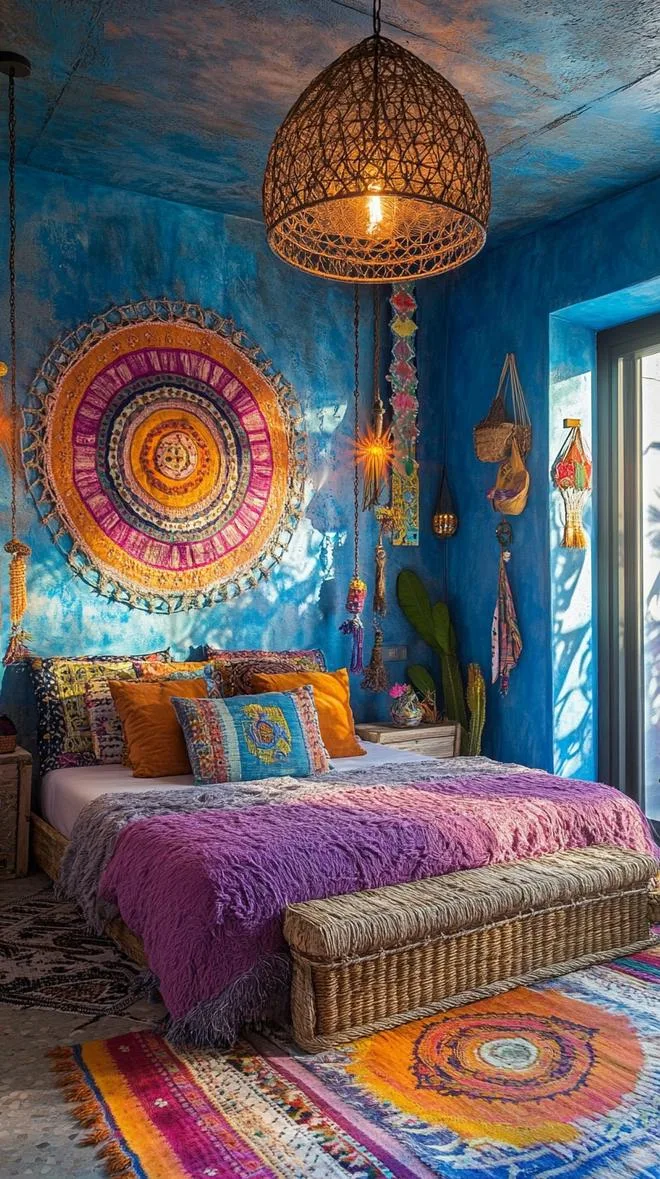 21 Colorful Boho Bedroom Ideas for a Whimsical Hippie Vibe 51 18. Whimsical Wanderer's Paradise: Mix faded denim blues with sandy beiges using exotic, travel-themed decor-1