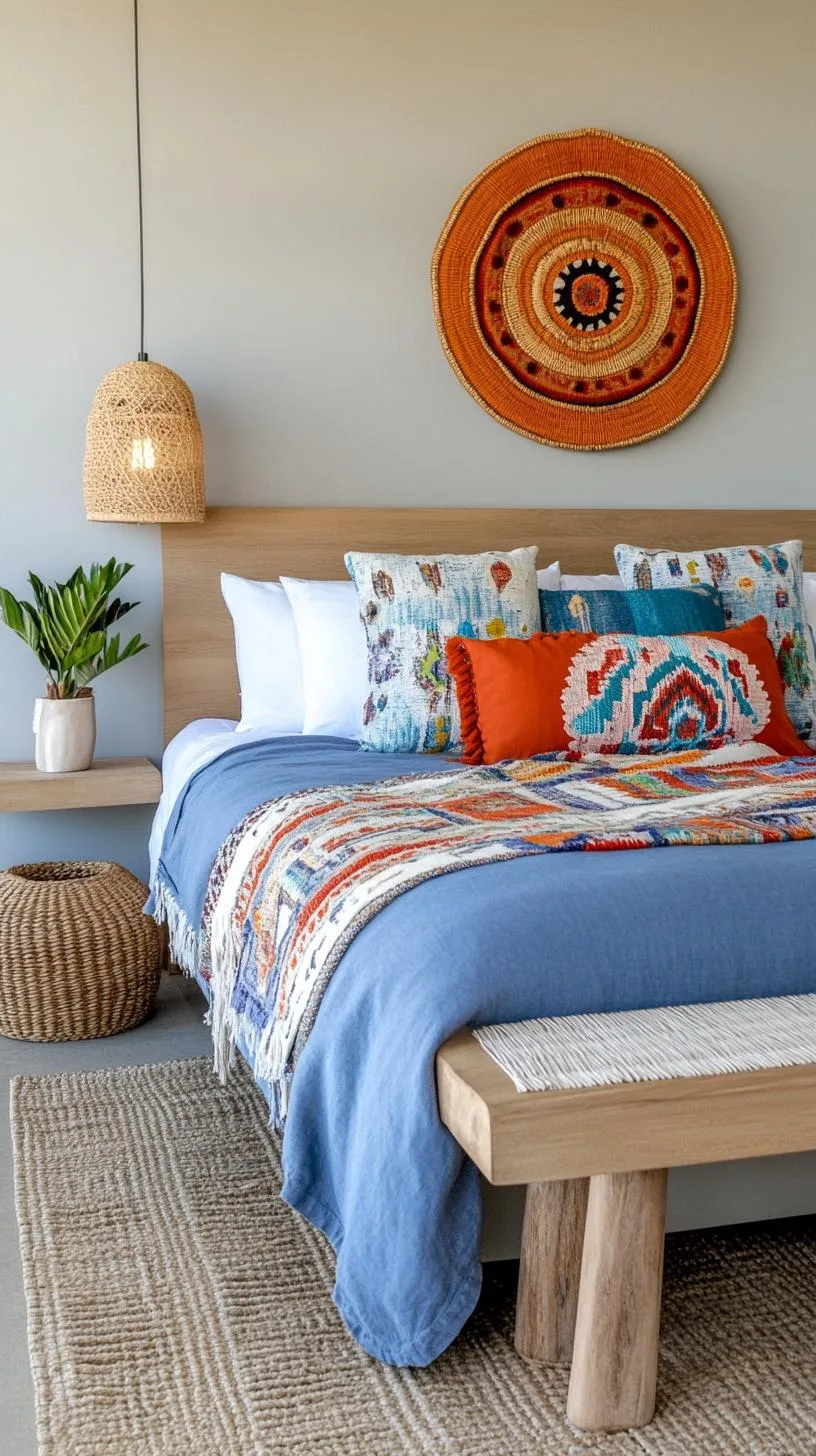 21 Colorful Boho Bedroom Ideas for a Whimsical Hippie Vibe 52 18. Whimsical Wanderer's Paradise: Mix faded denim blues with sandy beiges using exotic, travel-themed decor-2