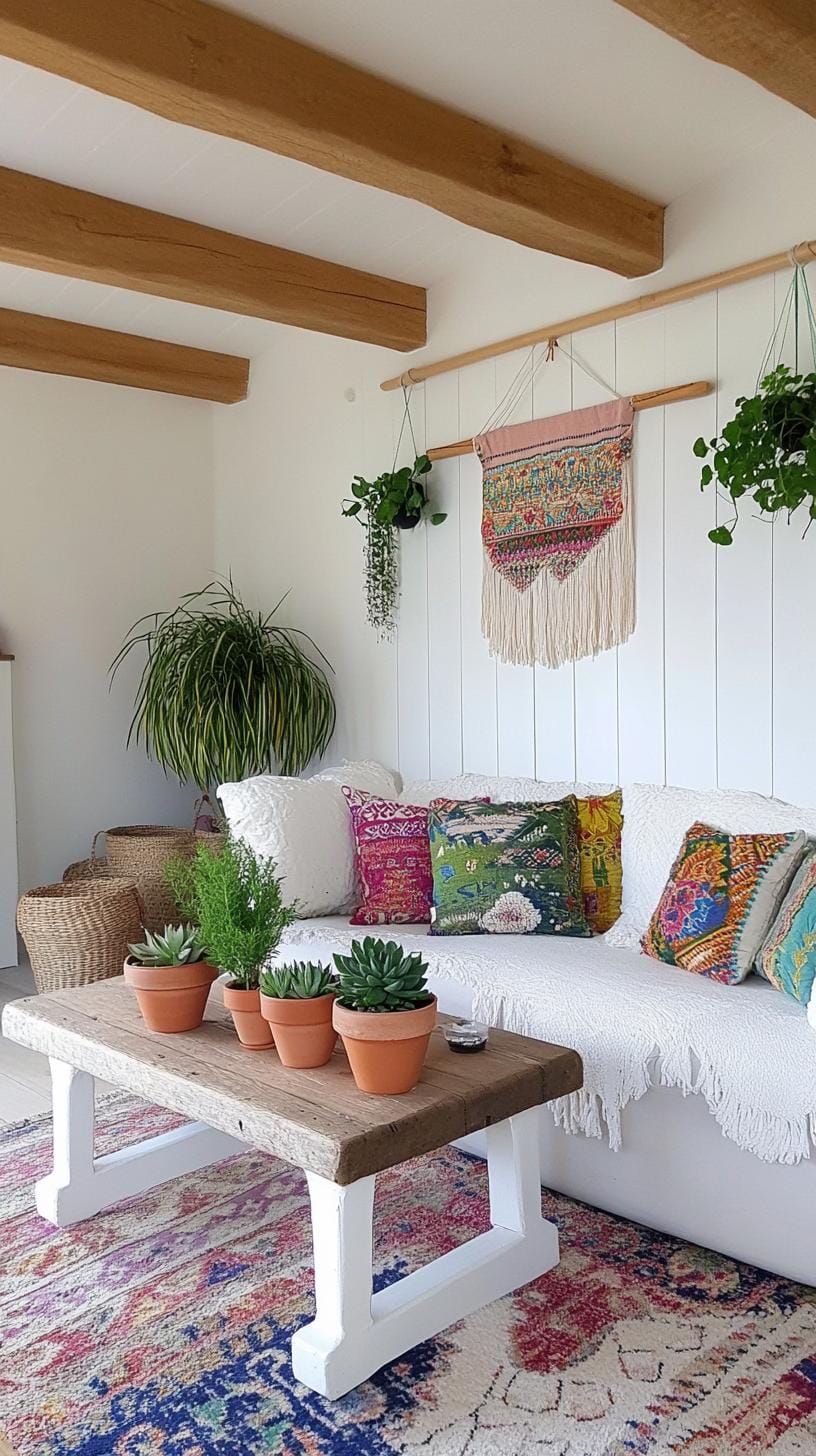 20. Whimsical Wilderness: Dot the room with lively succulents in mismatched pots, alongside whimsy wind chimes and embroidered tapestries as wall art-0