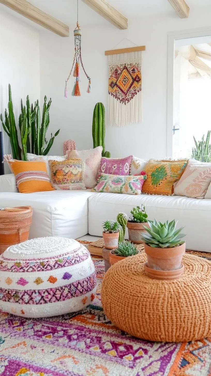 23 Unique Boho Farmhouse Living Room Ideas To Copy 63 20. Whimsical Wilderness: Dot the room with lively succulents in mismatched pots, alongside whimsy wind chimes and embroidered tapestries as wall art-1