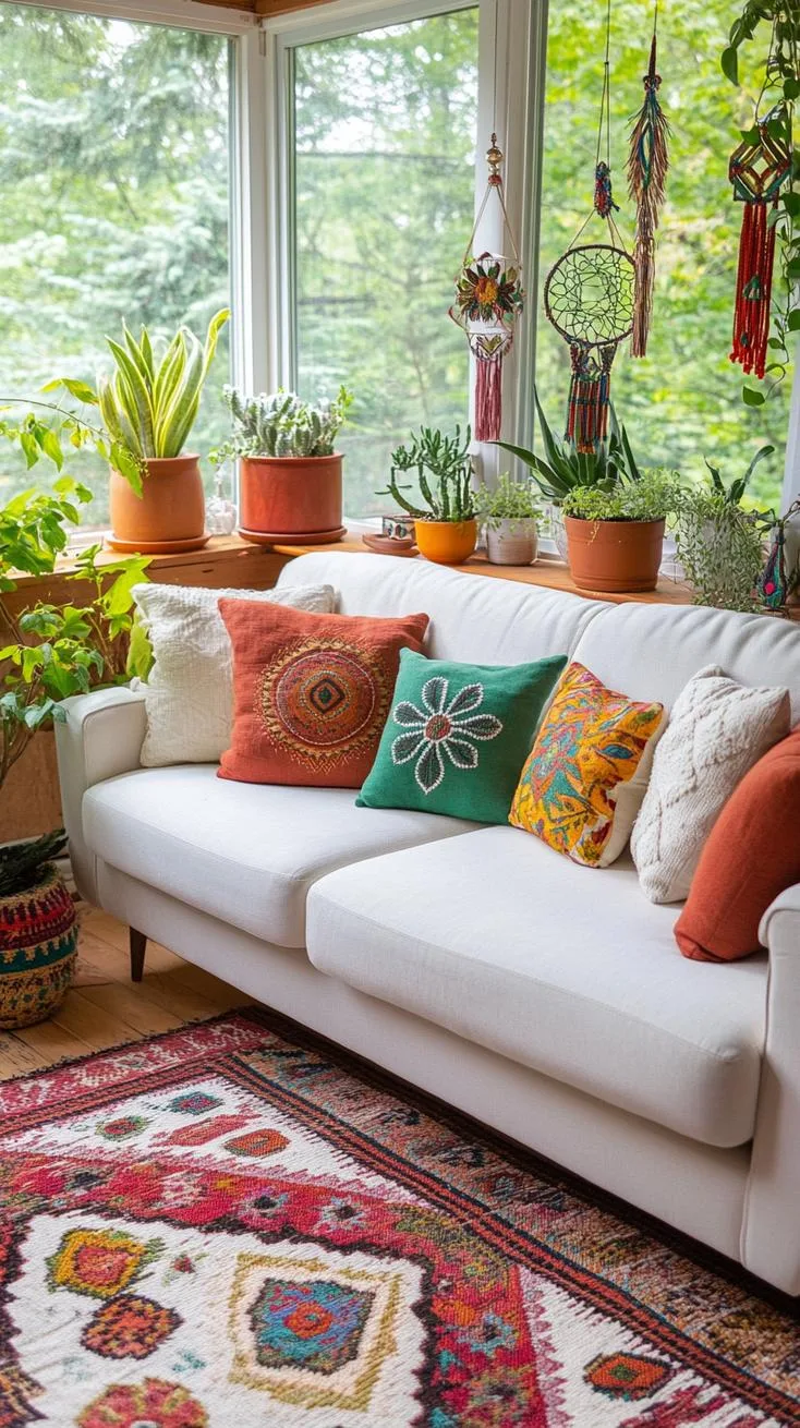 23 Unique Boho Farmhouse Living Room Ideas To Copy 64 20. Whimsical Wilderness: Dot the room with lively succulents in mismatched pots, alongside whimsy wind chimes and embroidered tapestries as wall art-2