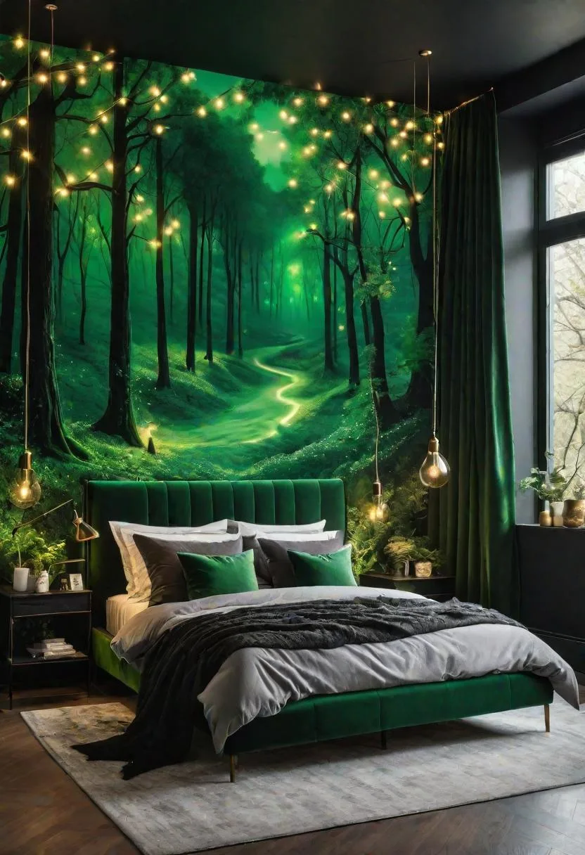14. Whimsical Wilderness: Include fairy lights and green murals of enchanted forests with black furniture accents-0