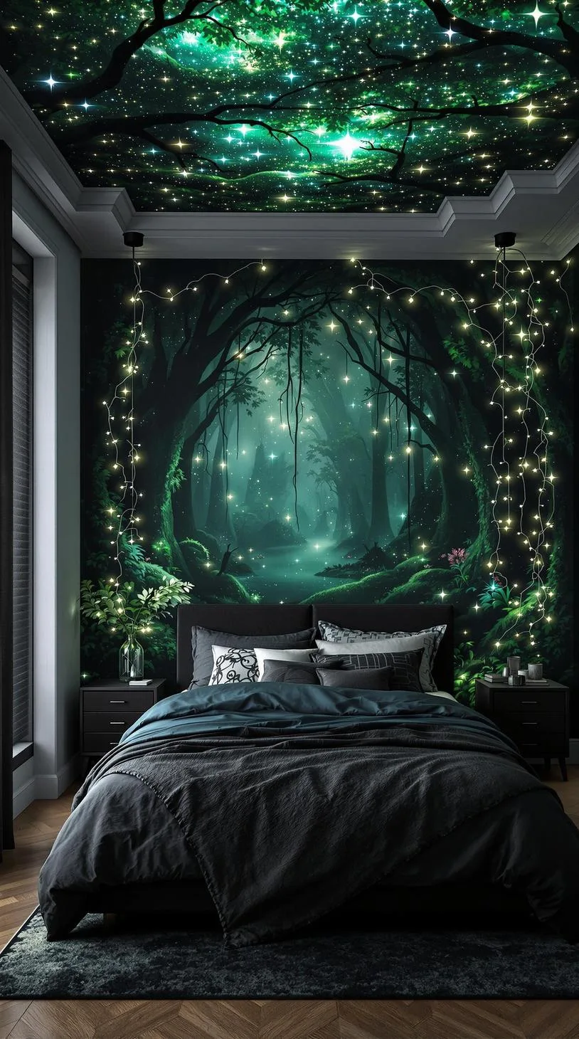 14. Whimsical Wilderness: Include fairy lights and green murals of enchanted forests with black furniture accents-1