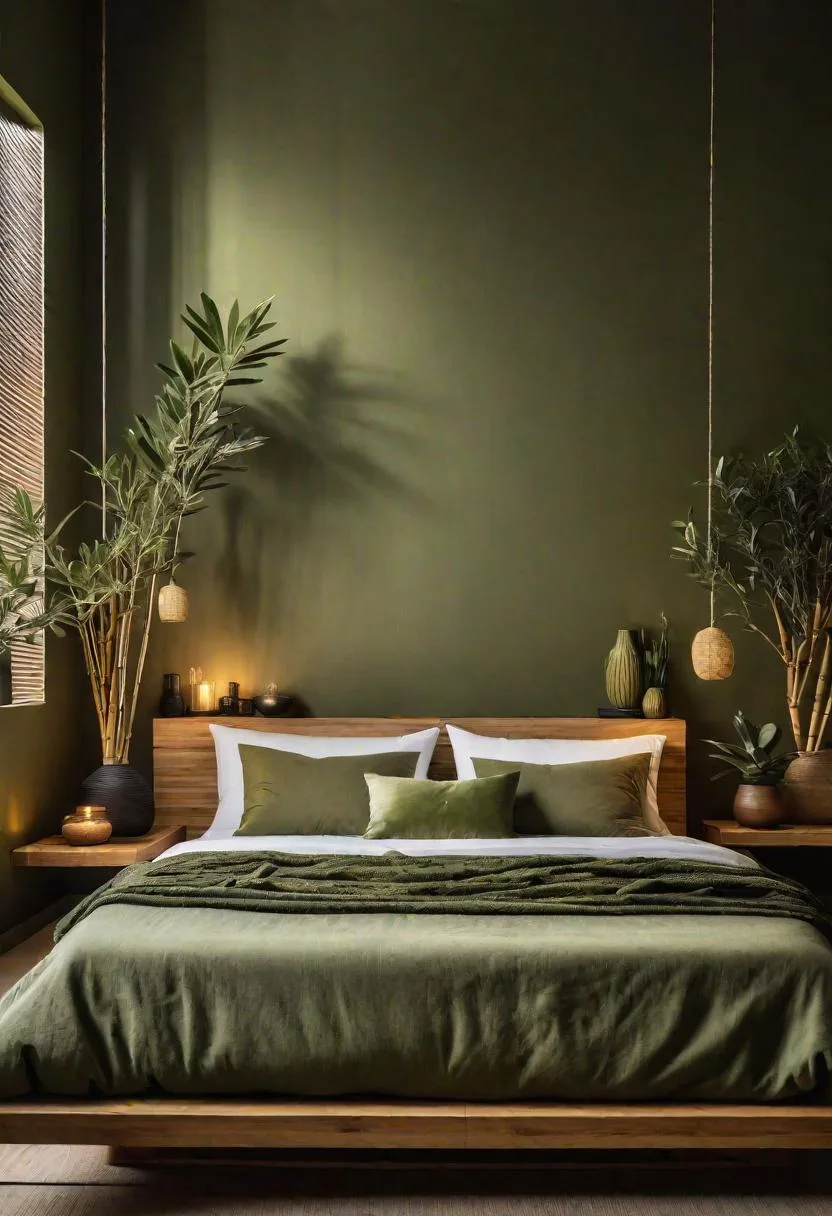 23 Stunning Olive Green Bedroom Ideas You'll Absolutely Love 38 4. Zen Serenity Bedroom with Olive Green Walls and Bamboo Décor-3