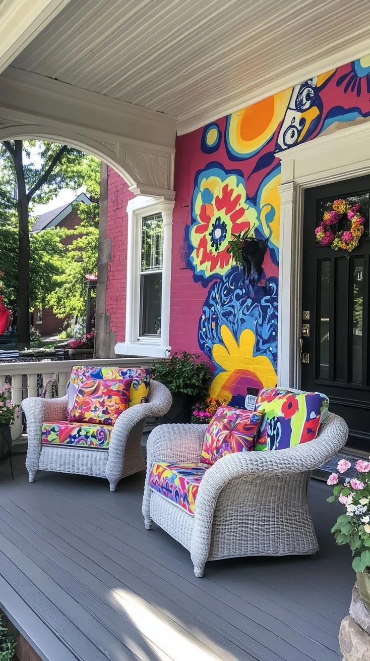 26. Artistic expression porch with large murals, whimsical sculptures, and bold furniture-1 26. Artistic expression porch with large murals, whimsical sculptures, and bold furniture-1