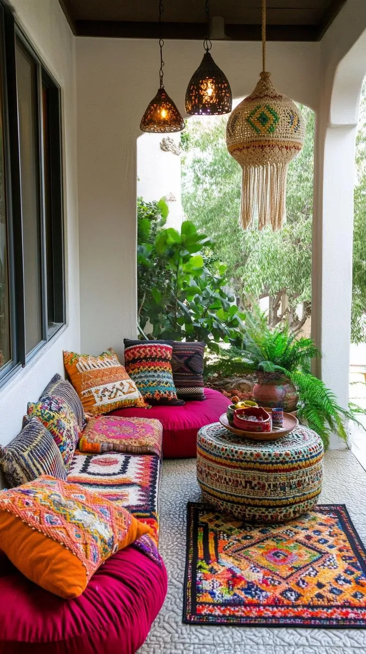 8. Bohemian sanctuary with macramé hangings, colorful floor cushions, and a mosaic table-1 8. Bohemian sanctuary with macramé hangings, colorful floor cushions, and a mosaic table-1