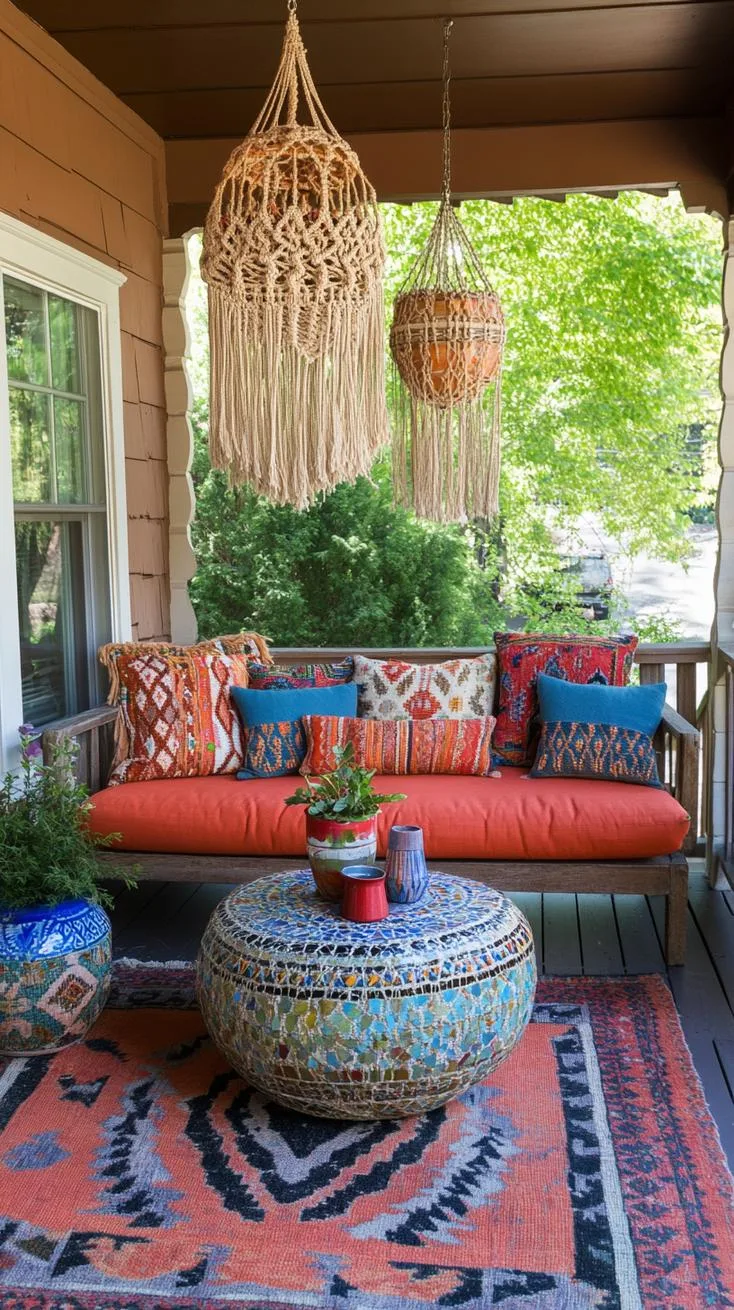 8. Bohemian sanctuary with macramé hangings, colorful floor cushions, and a mosaic table-2 8. Bohemian sanctuary with macramé hangings, colorful floor cushions, and a mosaic table-2