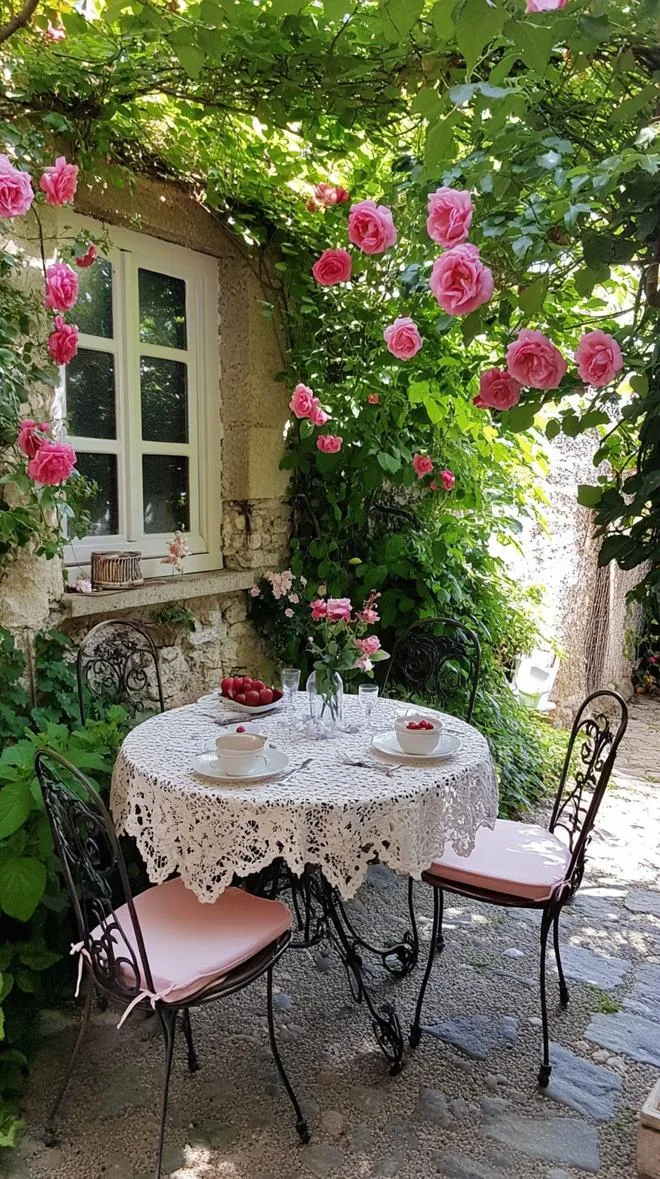25 Unique Backyard Garden Ideas to Create Your Own Oasis 65 16. Climbing Roses Outdoor Dining-0