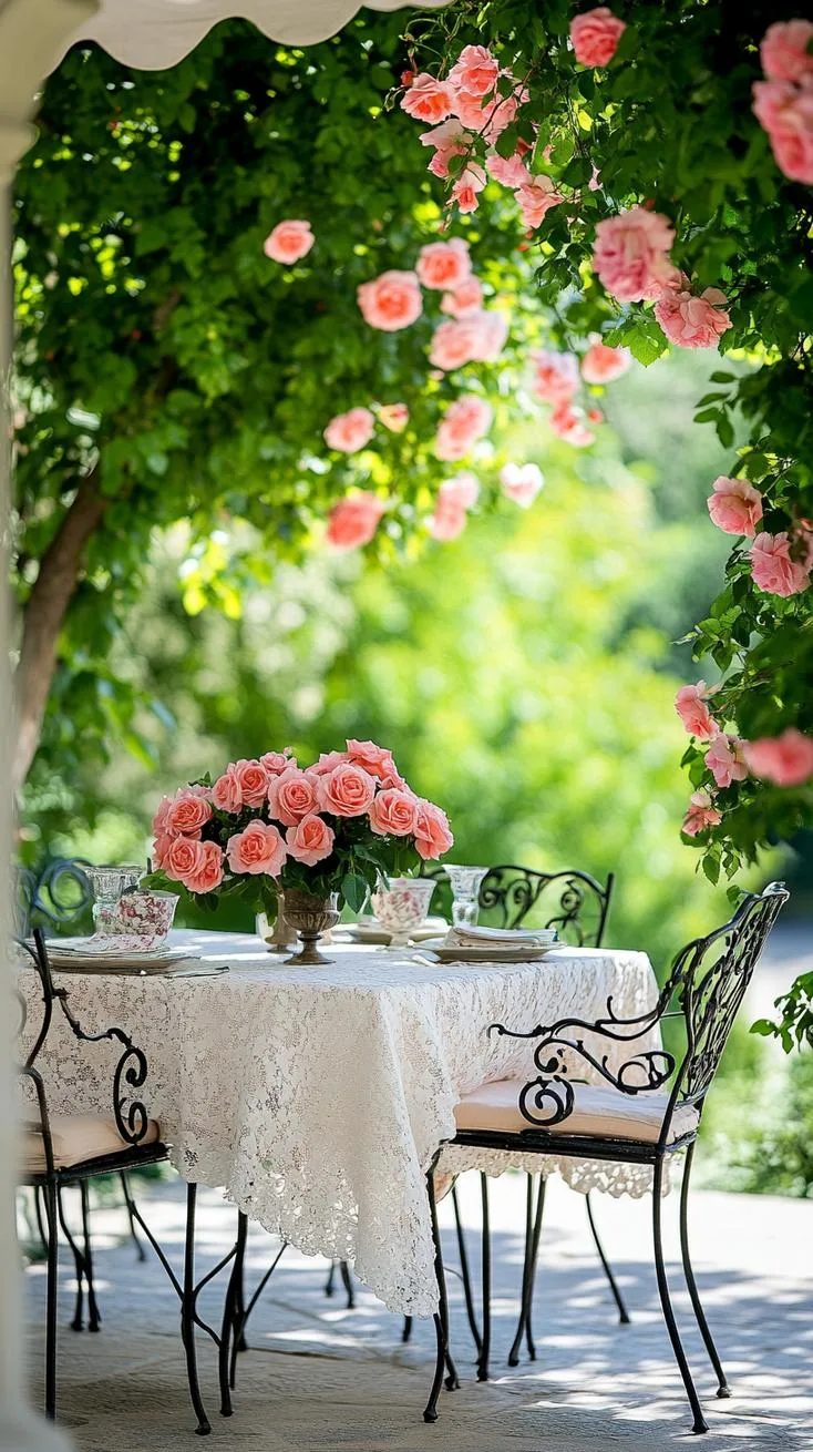25 Unique Backyard Garden Ideas to Create Your Own Oasis 68 16. Climbing Roses Outdoor Dining-1