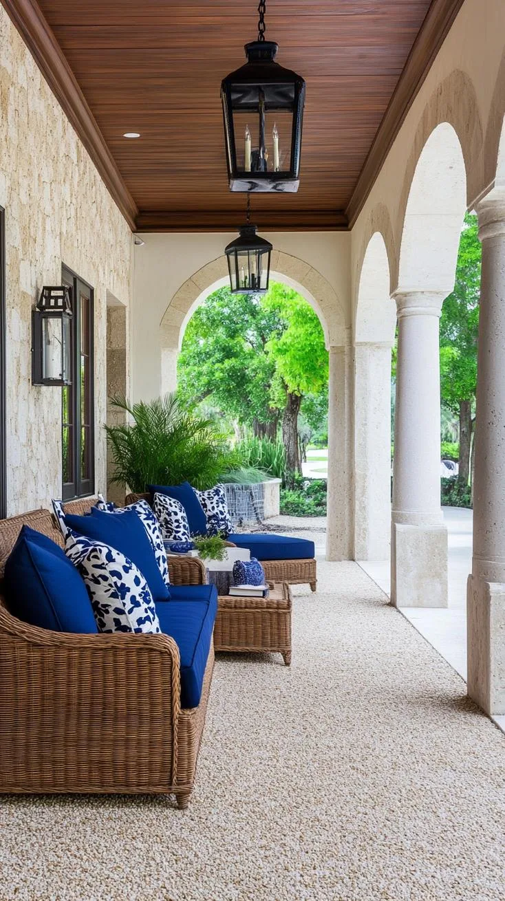 3. Coastal retreat featuring wicker furniture, nautical color palettes, and sand-colored gravel-1 3. Coastal retreat featuring wicker furniture, nautical color palettes, and sand-colored gravel-1